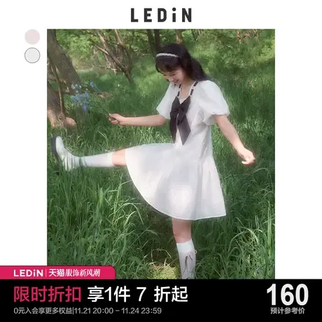 乐町撞色蝴蝶结连衣裙休闲夏女装蜜桃奶霜设计感少女商品大图