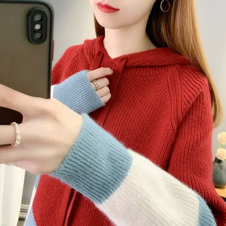 2023春秋新款长袖针织衫连帽系带拼色套头韩版宽松毛衣上衣外套女图片