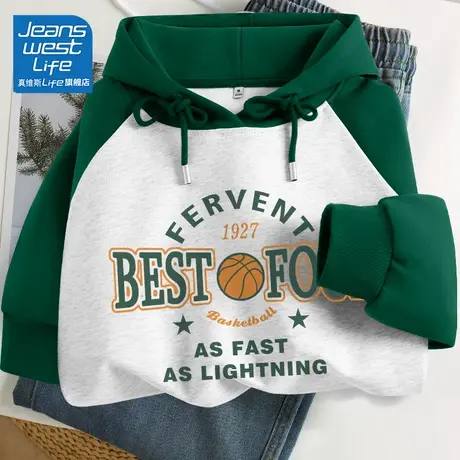 真维斯LIFE连帽无性别卫衣2023新款春秋款插肩袖美式复古外套女装商品大图