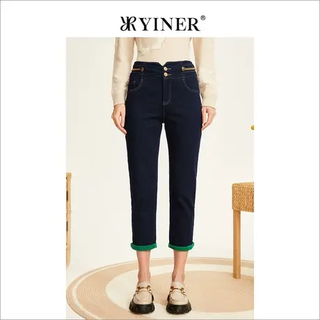 YINER音儿专柜女装2022冬季新款通勤休闲卷边七分裤牛仔裤商品大图