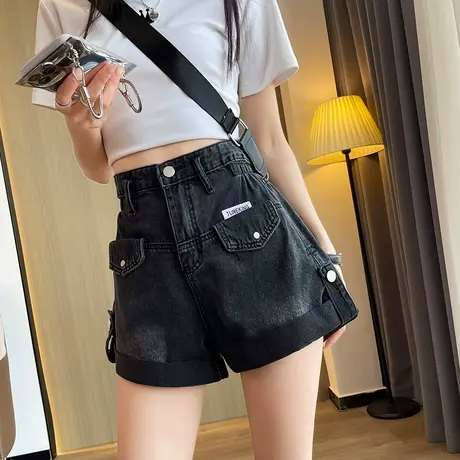 黑色工装牛仔短裤女夏季薄款辣妹挽边高腰阔腿显瘦重工a字热裤子商品大图