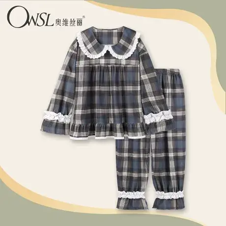 睡衣女春秋季新款复古宫廷风学生宽松棉格子家居服套装商品大图