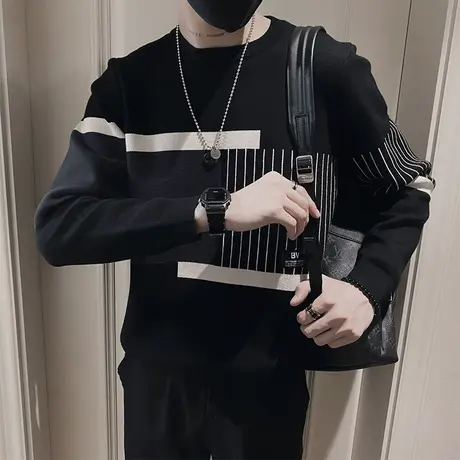 潮牌拼色条纹套头毛衣男秋冬款高级休闲宽松慵懒风打底线衣针织衫商品大图