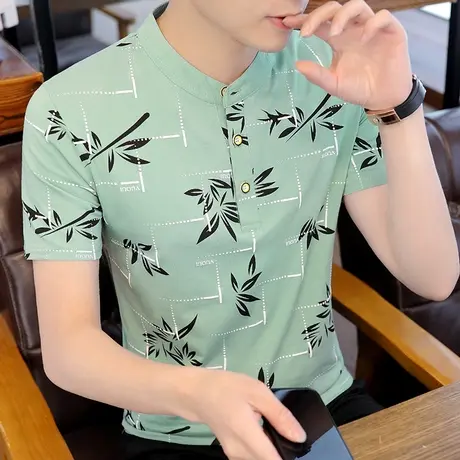 夏季男士短袖T恤翻领渐变色Polo衫青年修身潮打底衫纯棉休闲男装图片