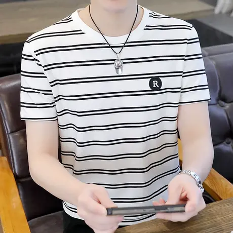 2023夏季刺绣男士纯棉短袖T恤条纹半袖体恤ins上衣男装圆领打底衫商品大图