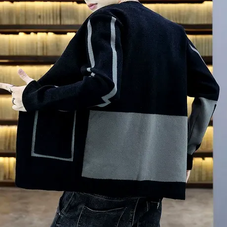 秋季开衫毛衣男士潮牌帅气薄款针织披风撞色个性条纹V领线衣外套商品大图