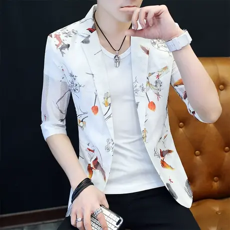 薄款七分袖小西服男士韩版修身帅气发型师中袖西装潮镂空夏装外套图片