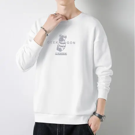 春秋季卫衣男潮牌潮流宽松套头无帽上衣小熊印花加绒圆领长袖t恤商品大图