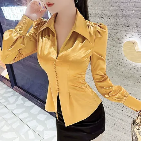VJE初春小众原创设计女装缎面上衣新款时尚修身法式长袖衬衫图片