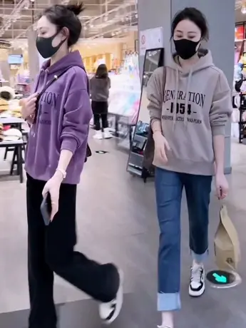 高级感连帽套头卫衣女字母印花加绒加厚宽松减龄小个子上衣外套潮商品大图