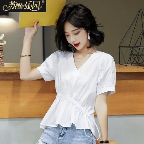 衬衫女士2022年新款夏季泡泡袖上衣设计感小众短袖松紧腰白色衬衣商品大图