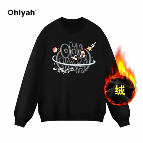 Ohlyah加绒卫衣女秋冬新款少女的飞船兔子印花纯棉圆领套头上衣商品大图