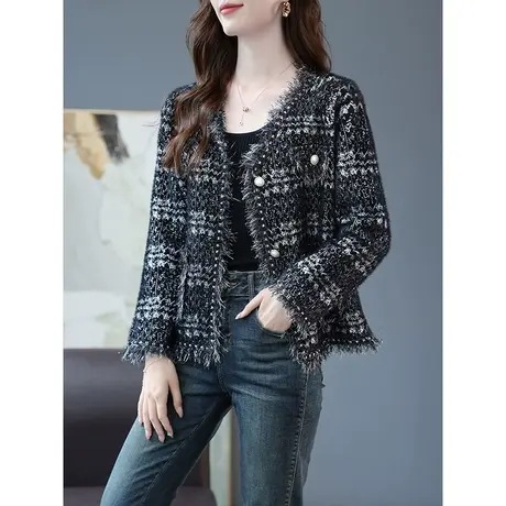 宝诗黎V领小香风高端气质亮丝短外套女春季2024年新款高级感开衫商品大图