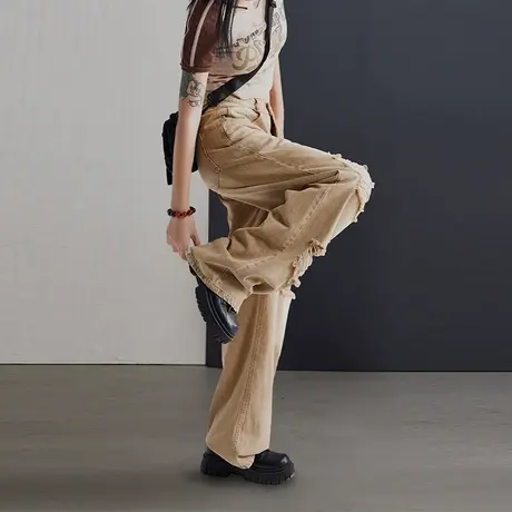 破洞牛仔裤女2025新款春秋高腰直筒宽松阔腿长裤休闲拖地裤潮ins商品大图