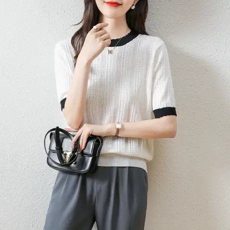 镂空轻薄短袖T恤夏装女士宽松半袖针织衫韩版休闲宽松体恤打底衫商品大图