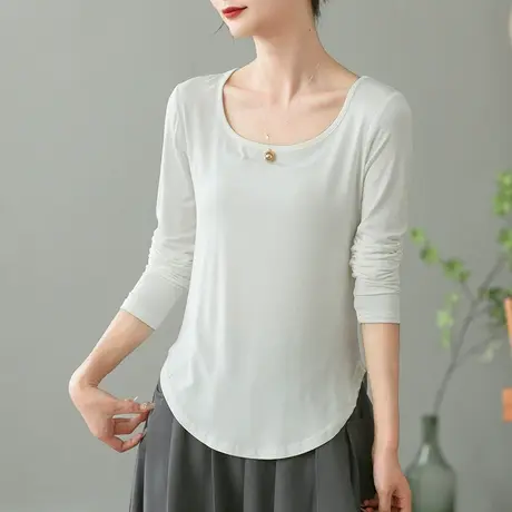 dza 复古纯色大圆领长袖T恤女士内搭打底衫春秋新款宽松休闲上衣商品大图