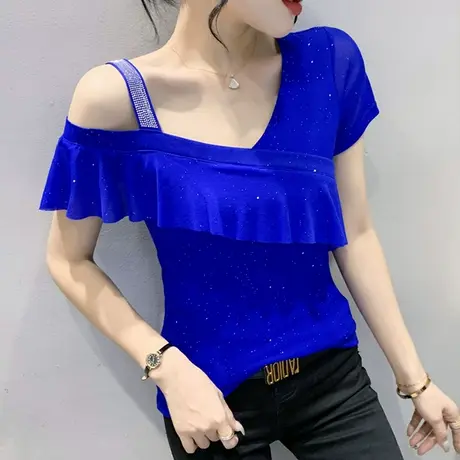 性感露肩网纱T恤女短袖欧货荷叶边上衣夏季时尚烫钻修身半袖小衫商品大图