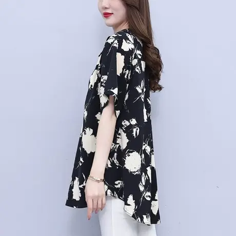 雪纺碎花短袖2023新款夏季大码胖mm宽松遮肚子妈洋气减龄上衣衬衫图片