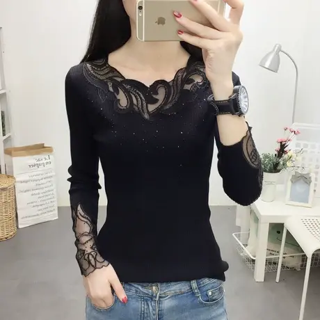 秋冬新款圆领蕾丝针织打底衫女长袖线衣烫钻短款气质毛衣上衣潮商品大图