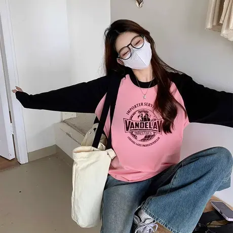 2023新款宽松印花长袖纯棉t恤女学生日系韩版美式原宿风秋冬上衣商品大图