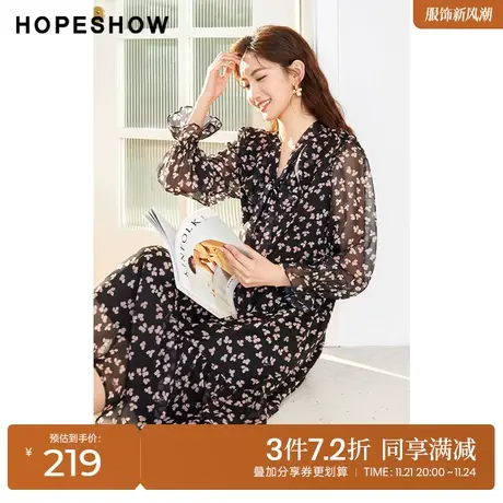 红袖outlets灯笼袖碎花裙hopeshow2023春季新款女装飘带领连衣裙图片