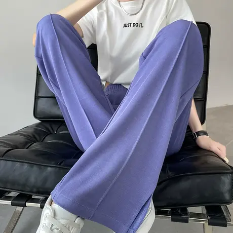 紫色铜氨丝高腰阔腿裤女夏季薄款高腰显瘦直筒开叉垂感运动休闲裤商品大图