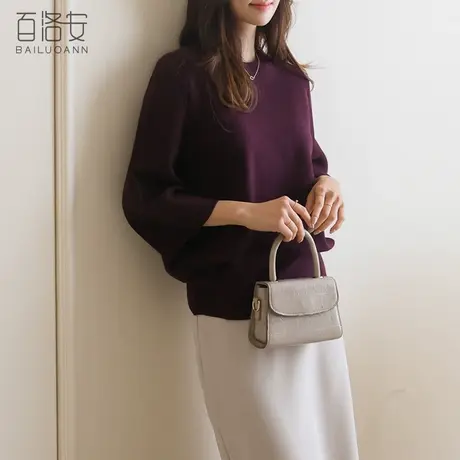百洛安宽松简约针织衫女春新款气质圆领显瘦上衣纯色套头毛衣上衣商品大图