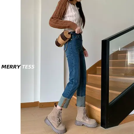 设计感卷边直筒牛仔裤女秋装2023年新款显瘦烟管裤女小个子法棍裤图片