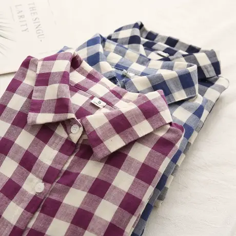 春秋新款韩版文艺小清新双层棉纱格子衬衫女长袖宽松百搭打底上衣图片