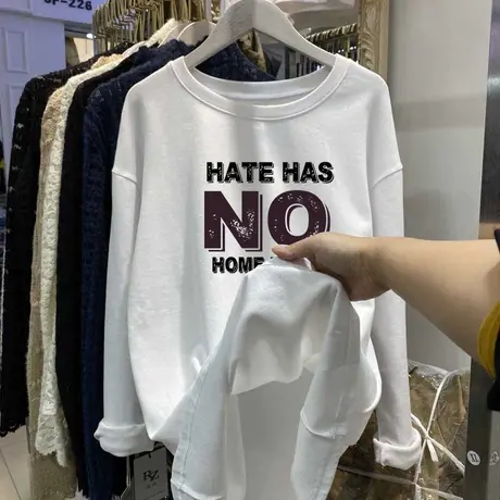 早秋纯棉长袖t恤女学生宽松遮肚子小众上衣设计感中长款打底衫潮图片