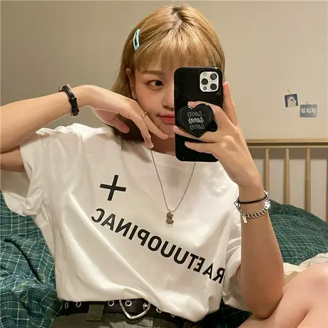 2023新款韩版港风ins盐系少女字母百搭宽松ulzzang纯棉短袖T恤女商品大图