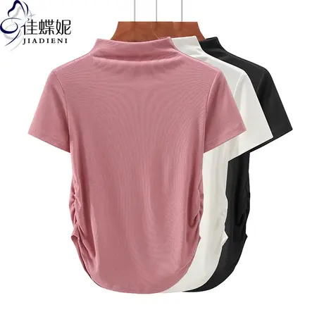 夏季韩版半高领褶皱下摆圆弧纯白修身纯色短袖上衣内搭女T恤中领图片