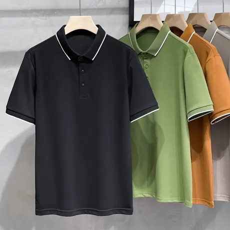 条纹领POLO衫男短袖T恤2023夏季潮牌纯色翻领透气网眼半袖男上衣商品大图