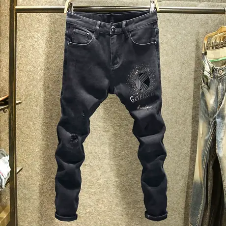 纯黑色显瘦牛仔裤男款潮牌破洞修身小脚裤秋季高端烫钻欧版裤子男商品大图