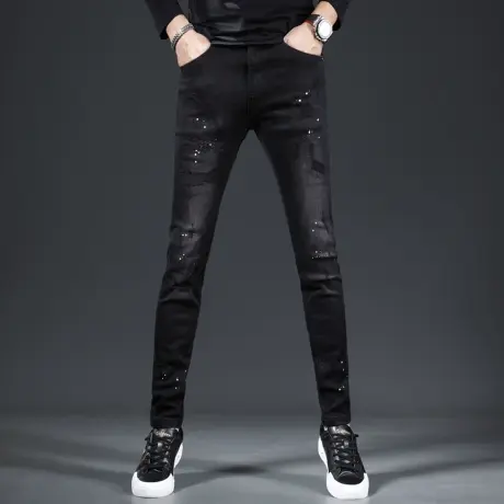 破洞牛仔裤男秋季2023新款爆款修身小脚裤黑色时尚潮流男士牛仔裤商品大图