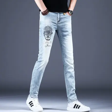 男士时尚烫钻牛仔裤男款修身小脚裤子弹力高端潮牌休闲裤韩版潮流商品大图