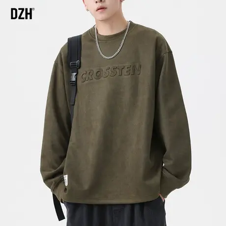 男士麂皮绒卫衣美式重磅圆领打底衫男内搭秋季长袖t恤墨绿色上衣商品大图