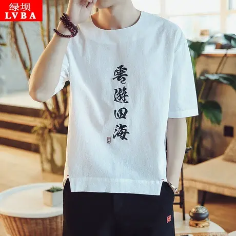 夏季中国风亚麻短袖男宽松大码胖子中袖青年T恤刺绣休闲半袖衣服商品大图