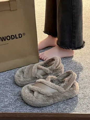 网红交叉带厚底毛毛拖鞋女外穿2023年秋冬季新款时尚休闲棉拖鞋子商品大图