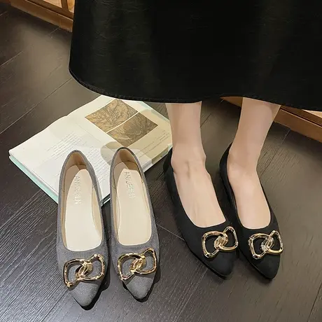 2025年夏季新款浅口尖头平底双扣仙女晚晚风温柔法式小香风单鞋女图片