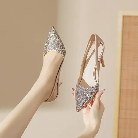 2024年新款包头法式凉鞋女闪闪发光宴会鞋气质尖头细跟侧空高跟鞋图片