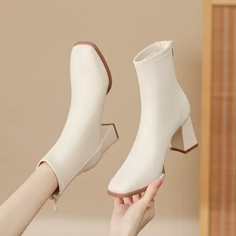 高跟短靴女2024新款秋季法式瘦瘦靴软皮百搭马丁靴后拉链春秋单靴商品大图