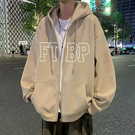 加绒加厚连帽开衫卫衣外套男春秋季美式宽松男装潮牌2024新款衣服商品大图