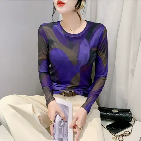 欧货复古圆领长袖打底衫春秋网纱印花洋气内塔上衣女修身百塔T恤商品大图