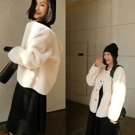 2023冬季新款女装休闲气质甜美%80羊毛毛绒单排扣女士外套上衣女商品大图