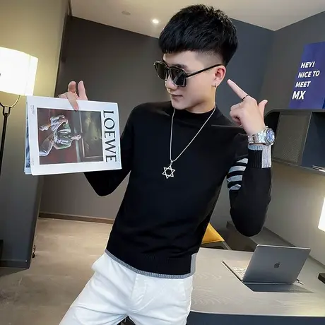 冬季毛衣四条杠潮牌针织衫打底衫修身套头潮流个性帅气半高领ins商品大图