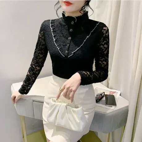 秋冬2024新款半高领秋冬新款蕾丝加绒保暖百搭显瘦内搭女上衣修身商品大图