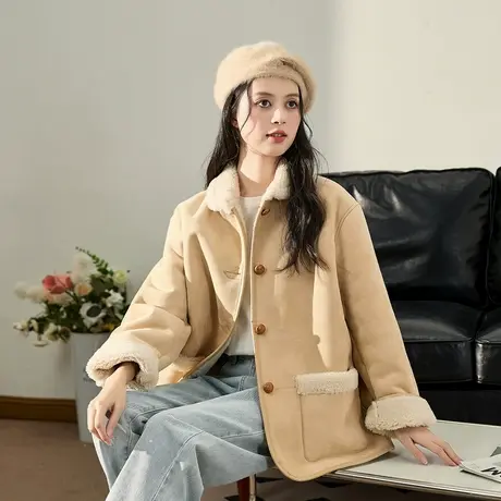 唐狮2023年秋冬新款外套女复古麂皮绒加厚仿羊羔毛保暖上衣12.22商品大图