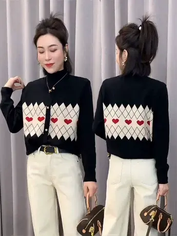 2023冬装假两件设计感爆款半高领套头针织衫女撞色显瘦打底衫上衣图片