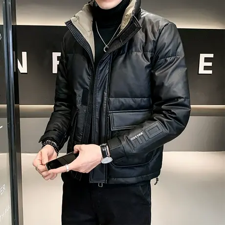 男士轻薄休闲羽绒服冬季2023新款潮牌立领短款加厚保暖冬装皮外套商品大图